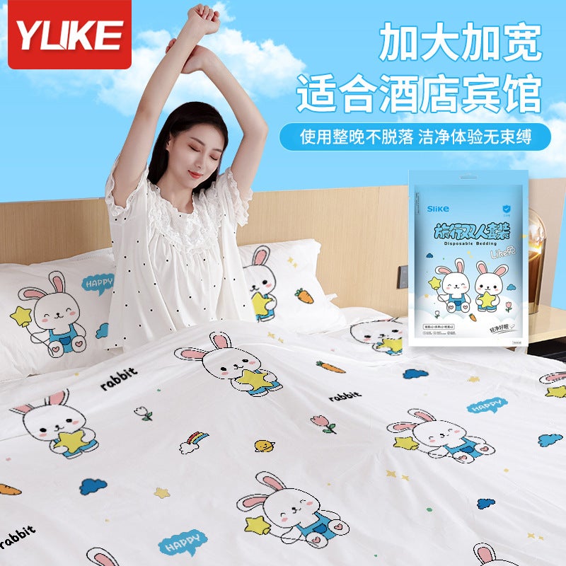 Travel Printed Disposable Bed Sheet Quilt Cover Pillowcase Double Four-Piece Set Bath Towel Towel Homestay El Travel Supplies - Image 3